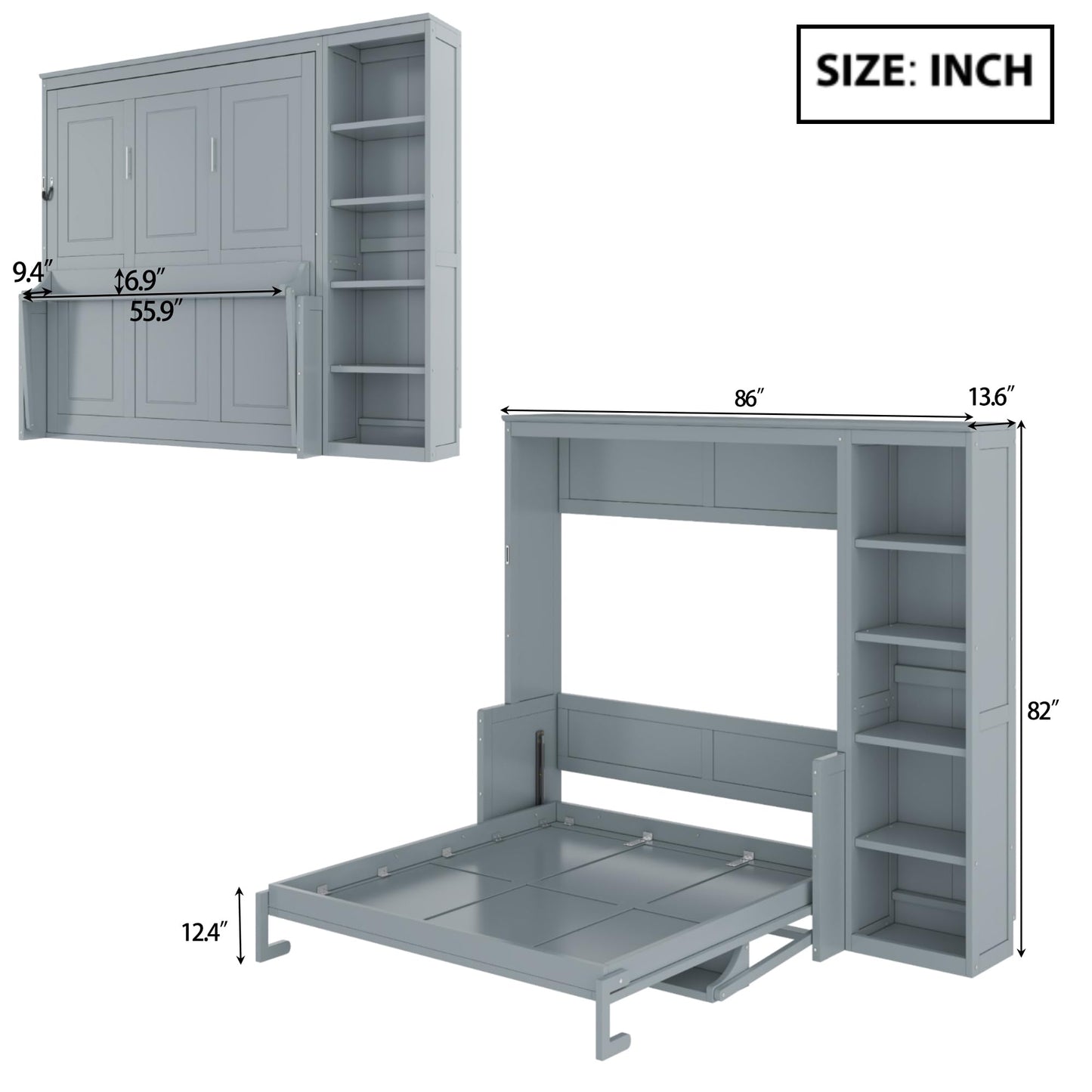 MERITLINE Full Murphy Bed with Desk and Storage Shelves,Wood Hideaway Murphy Wall Bed with Storage Bookcase for Adults (Grey,Full)