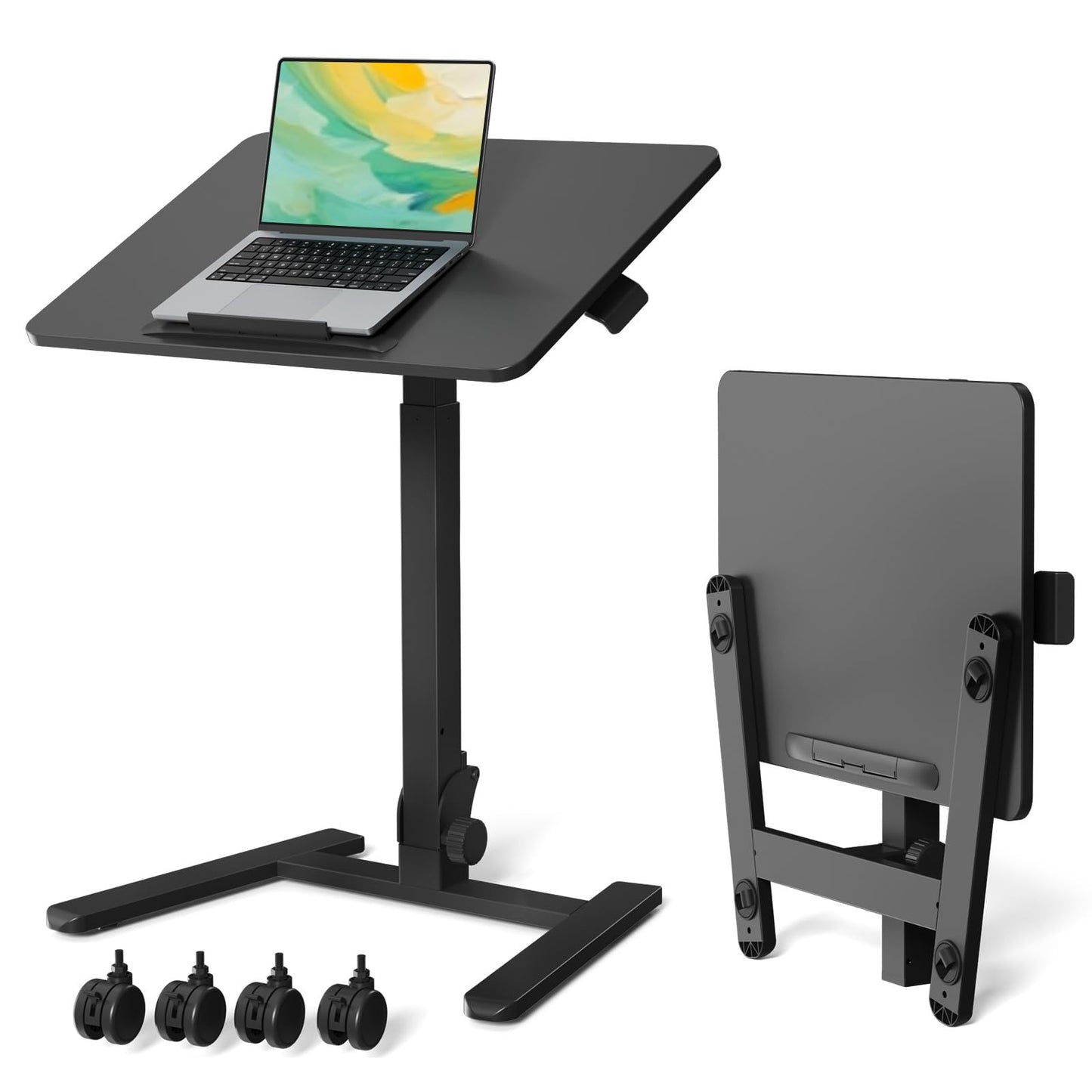 Gibbon Mounts Foldable Standing Desk，Small Mobile Sit-Stand Desk with 90 Tiltable Top，Rolling Rising Laptop Workstation Adjustable Height，Portable Table on Hidden Wheels/4 Lockable Casters，Black