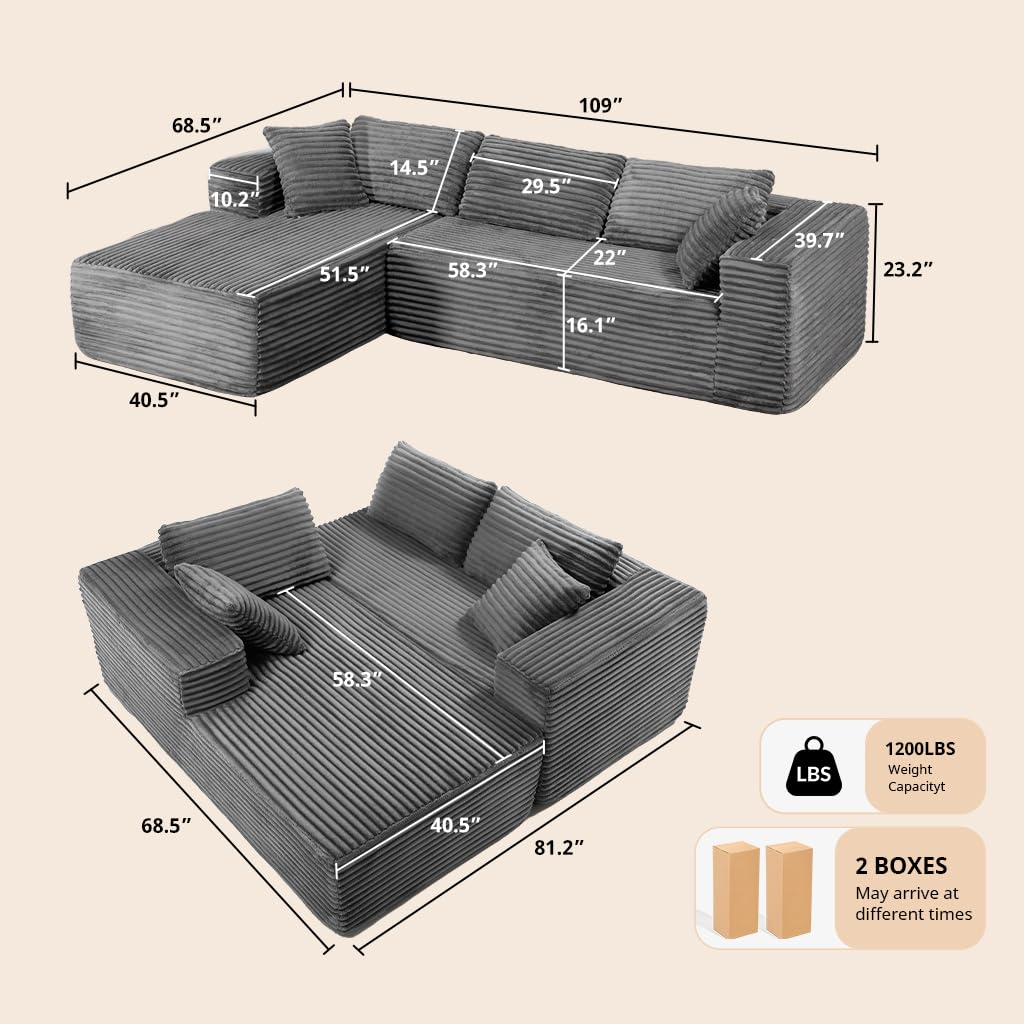 COMHOMA 105”Modular Sectional Sofa with Deep Seat,Cloud Upholstered L-Shape Boneless Couch Wide Arms Corduroy Fabric High-Density Foam Chaise Lounge for Living Room No Assembly Required,Dark Grey