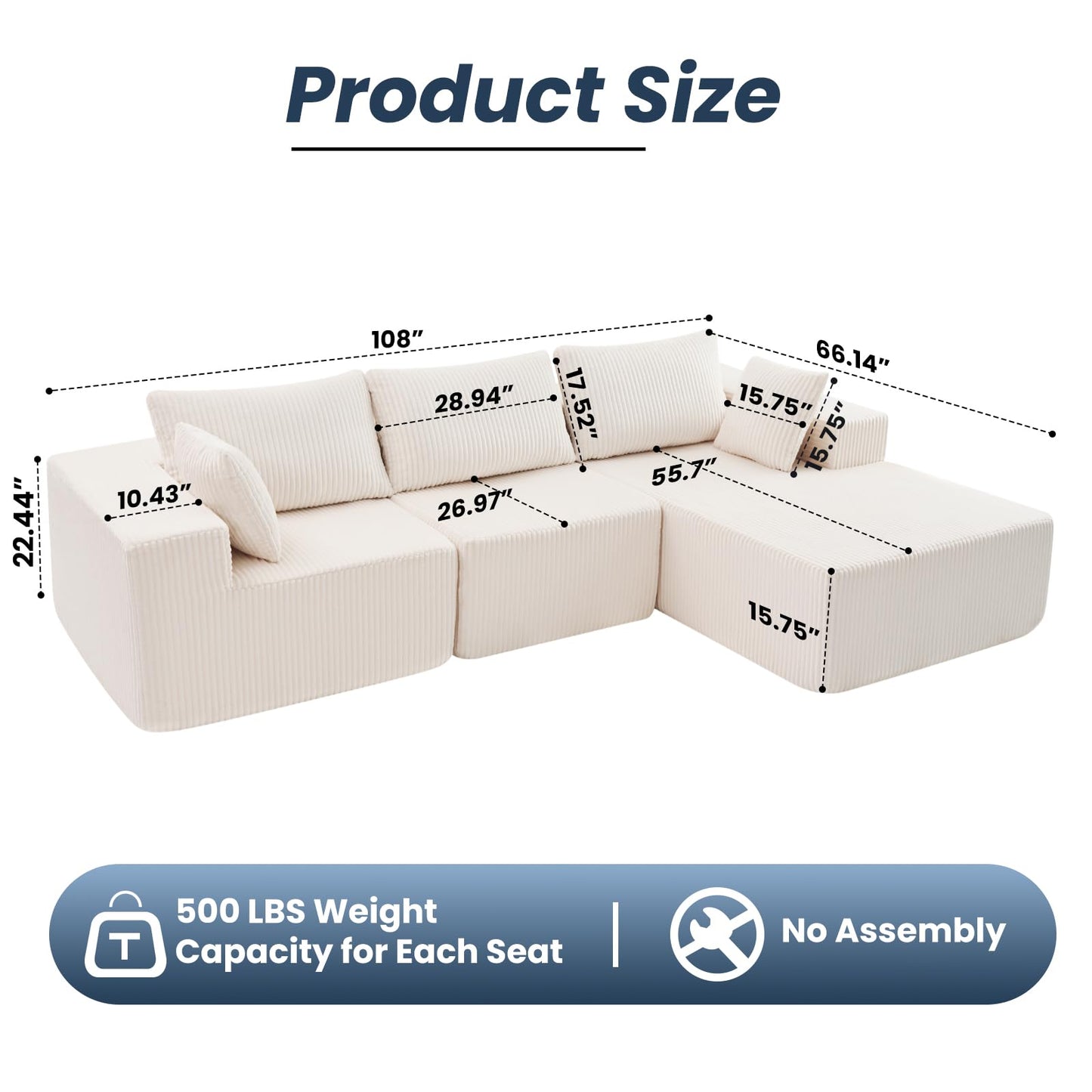 DUMOS 108" Boneless Couch, Cloud Sectional Couch with L-Shape Chaise, Modular Sectional Sofa with Deep Seat, Fluffy Couch for Living Room Bedroom, No Assembly Required, Beige, Right Facing Chaise