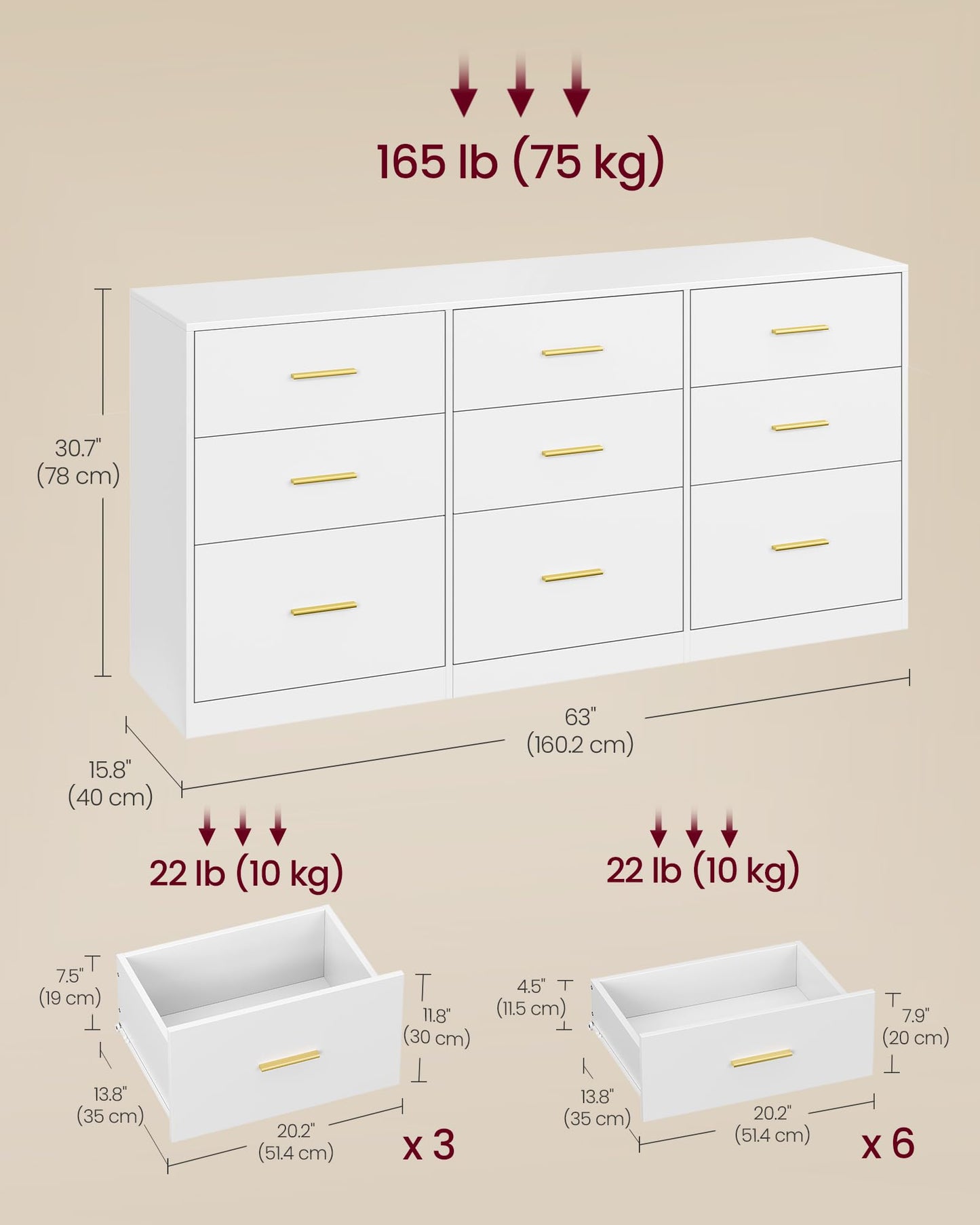 VASAGLE Custos Collection - Dresser for Bedroom, Chest of Drawers for Closet, Modern Style, TV Stand for Living Room, 9 Drawers, 15.8 x 63 x 30.7 Inches, Cloud White ULTS419WB01S