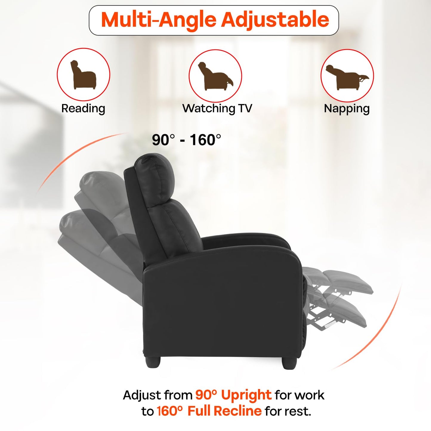 FDW Recliner Sofa Massage Chair Home Theater Seating with Lumbar Support and Padded Backrest for Living Room and Bedroom (Leather, Black)
