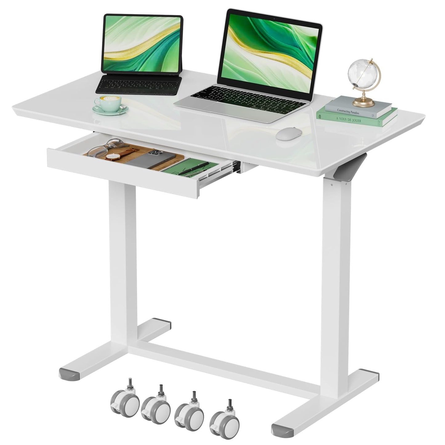 Gibbon Mounts Glass Standing Desk with Drawers, 35inch Small Mobile Laptop Desk, Height Adjustable Rolling Sit Stand Desk, White Pneumatic Portable Computer Desk with Hidden Wheels or Lockable Casters