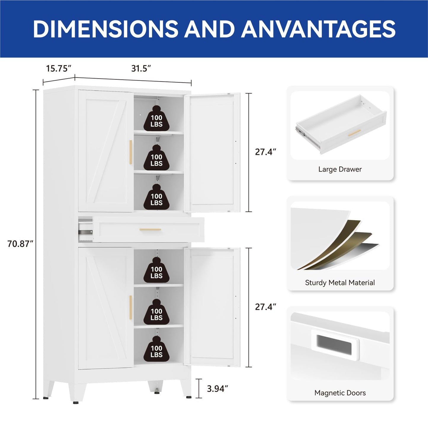 COFaR 71 in Tall Kitchen Pantry Cabinet with Drawer, Metal Pantry Storage Cabinet with 4 Adjustable Shelves and 4 Barn Doors, White Freestanding Farmhouse Food Cupboard for Dining Room