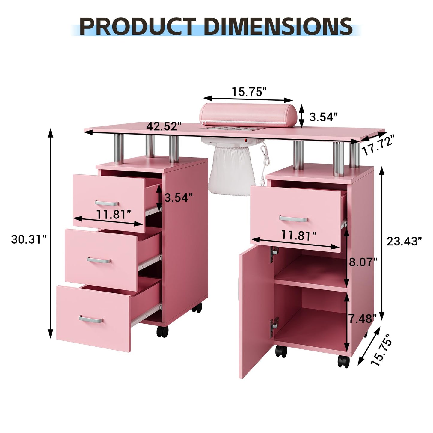 Manicure Table with Dust Collector, 42" Nail Desk for Nail Tech with Lockable Wheels, 4 Storage Drawers, Arm Rest, Acetone Resistant Top and Storage Cabinet Pink