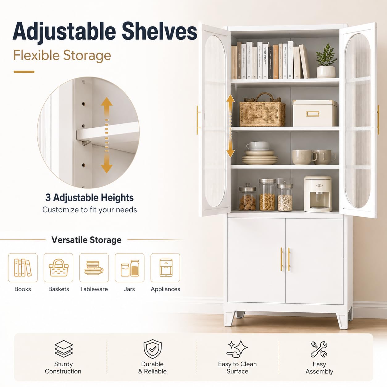 Arched Storage Cabinet with Glass Doors, 71" Tall Metal Pantry Cabinet, White Freestanding Storage with Upper Fluted Glass and Lower Metal Doors, Adjustable Shelves for Dining Room, Living Room