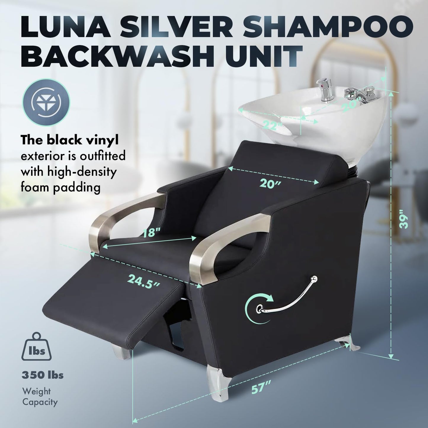 Buy-Rite Luna Shampoo Backwash Station: white porcelain tilting bowl, extra-wide black vinyl chair, chrome armrests, lever leg rest, single-handle faucet with vacuum breaker - professional salon gear.