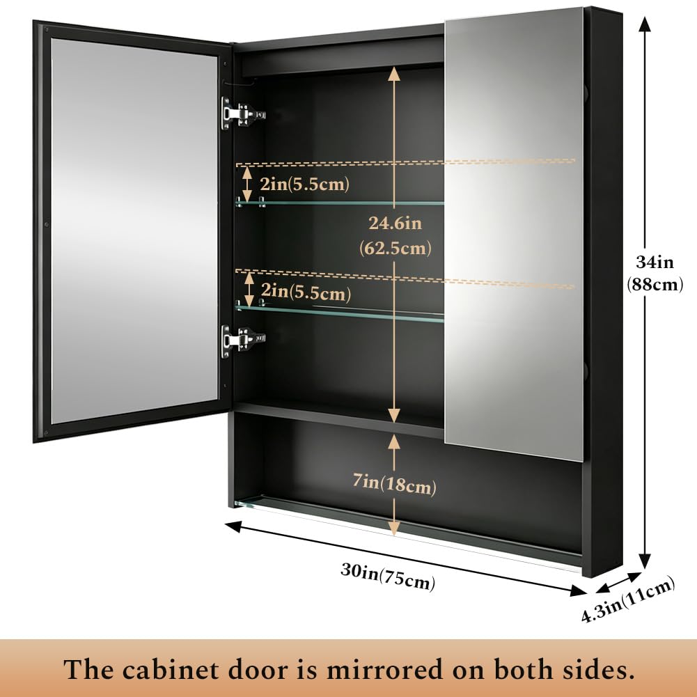 30"×34" Lighted Medicine Mirror Cabinet with Storage Adjustable Brightness 3 Color Temperature Lighting Anti-Fog Sturdy Aluminum Medicine Cabinet with Lights 2 Socket & 2 USB Ports & Adjustable Shelf