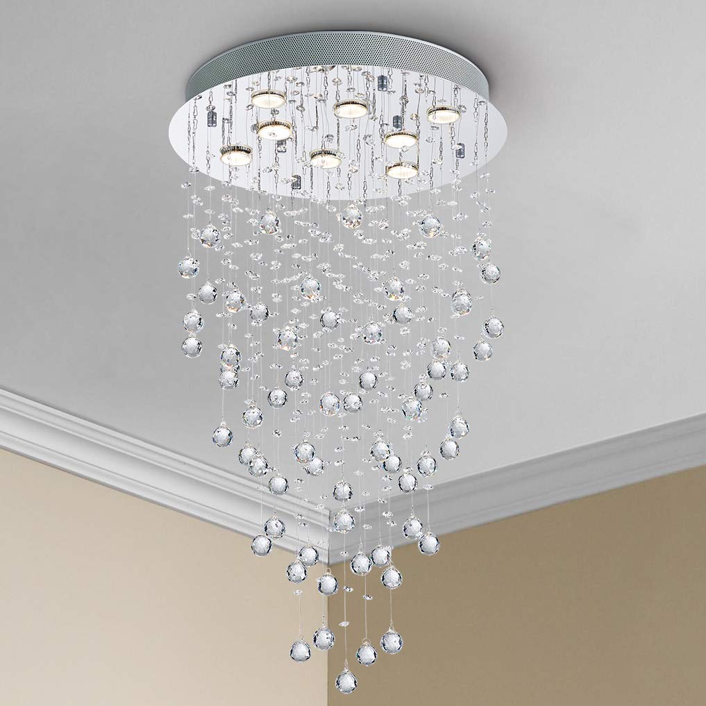 Bestier Crystal Raindrop Chandelier Flush Mount Light Fixture 20in Wide x 34in High Glass, Model AK-AJ-18129, 8 GU10 Bulbs Required