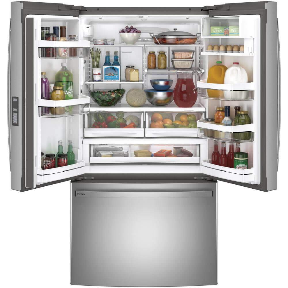 GE Profile 36 Counter Depth French Door Refrigerator with 23.1 cu. ft. Capacity Internal Water Dispenser TwinChill Evaporator and Showcase LED Lighting in Fingerprint Resistant