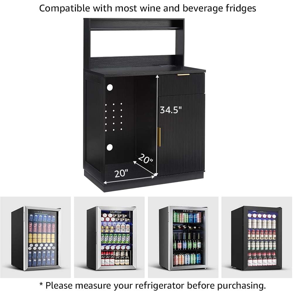 Rosary Blenn Coffee Bar Cabinet with Mini Fridge Space and Power Outlet, 39" Matte Black Wood Grain Finish Kitchen Cabinet with Drawer Storage and Adjustable Shelves for Dining Room