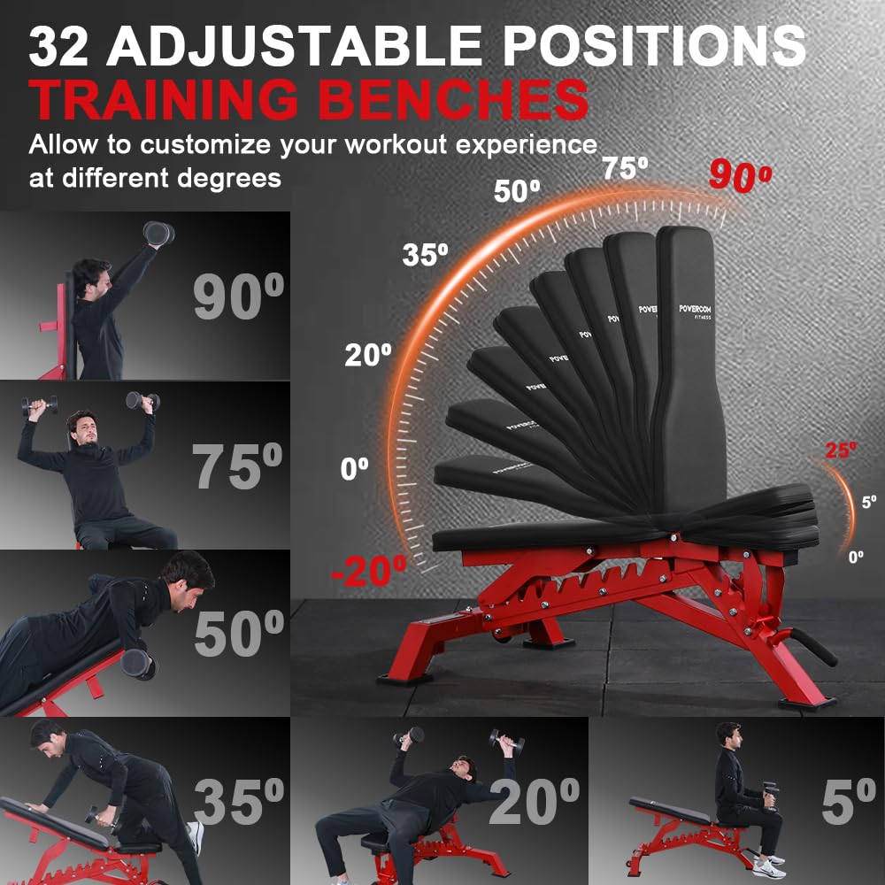 Strength Weight Bench 32 Adjustable Positions Training Benches - Heavy Duty Home Gym Equipment with 1300 LBS Weight Capacity Durable Steel Construction Incline Decline Bench for Full Body Workout (Red)