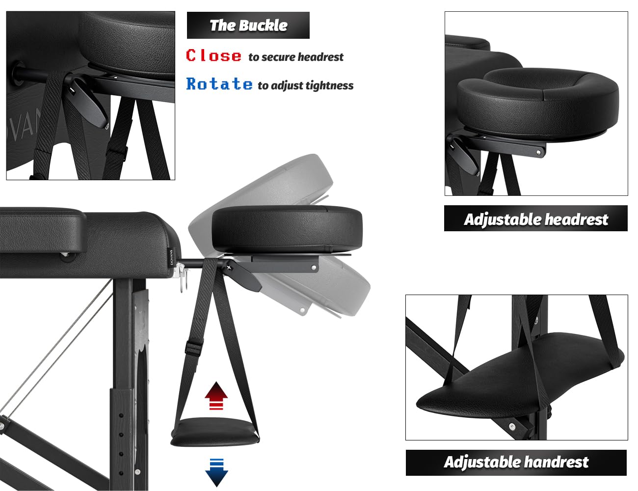 DOVANS Professional Massage Table Portable 2 Fold Premium Elastic Foam Wooden Leg Hold Up to 800LBS 10 Heights Adjustable with Carrying Bag Black