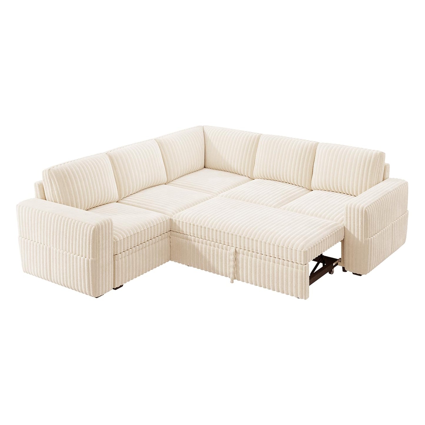 HONBAY Modular Sectional Sleeper Sofa with Pull Out Bed,Corduroy L Shaped Couch with Storage, Sectional Couches for Living Room,Beige