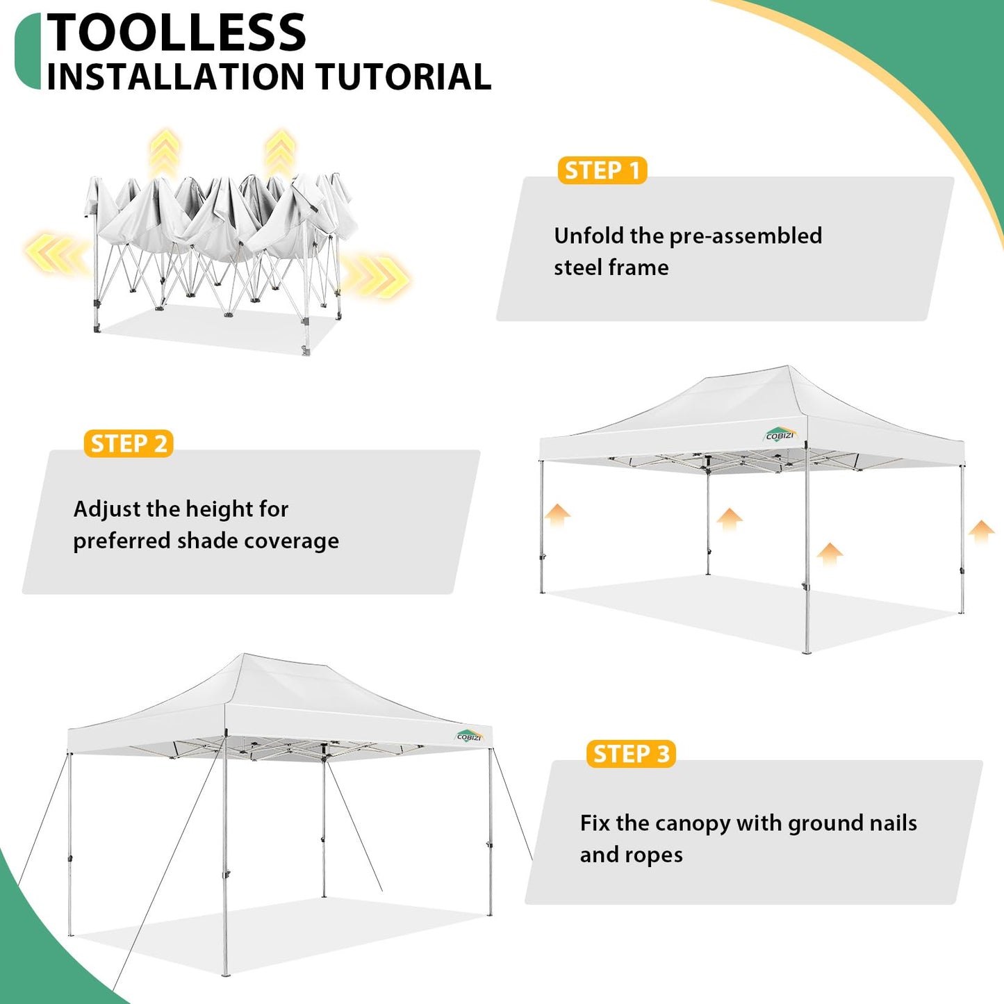COBIZI 10x15 Pop up Canopy Tent Heavy Duty, Easy Set-up Commercial Outdoor Party Tent, 100% Waterproof Wedding Tents Gazebo, 3 Height Adjustable with Handbag, White