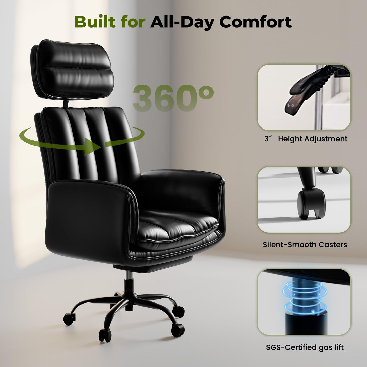 HOMRELEXA Criss Cross Office Chair with Armrests & Wheels, Comfy Big and Tall Chair, Ergonomic Executive Gaming Computer Chairs with Foot Rest, PU Leather Wide Seat Reclining Desk Chair, Black