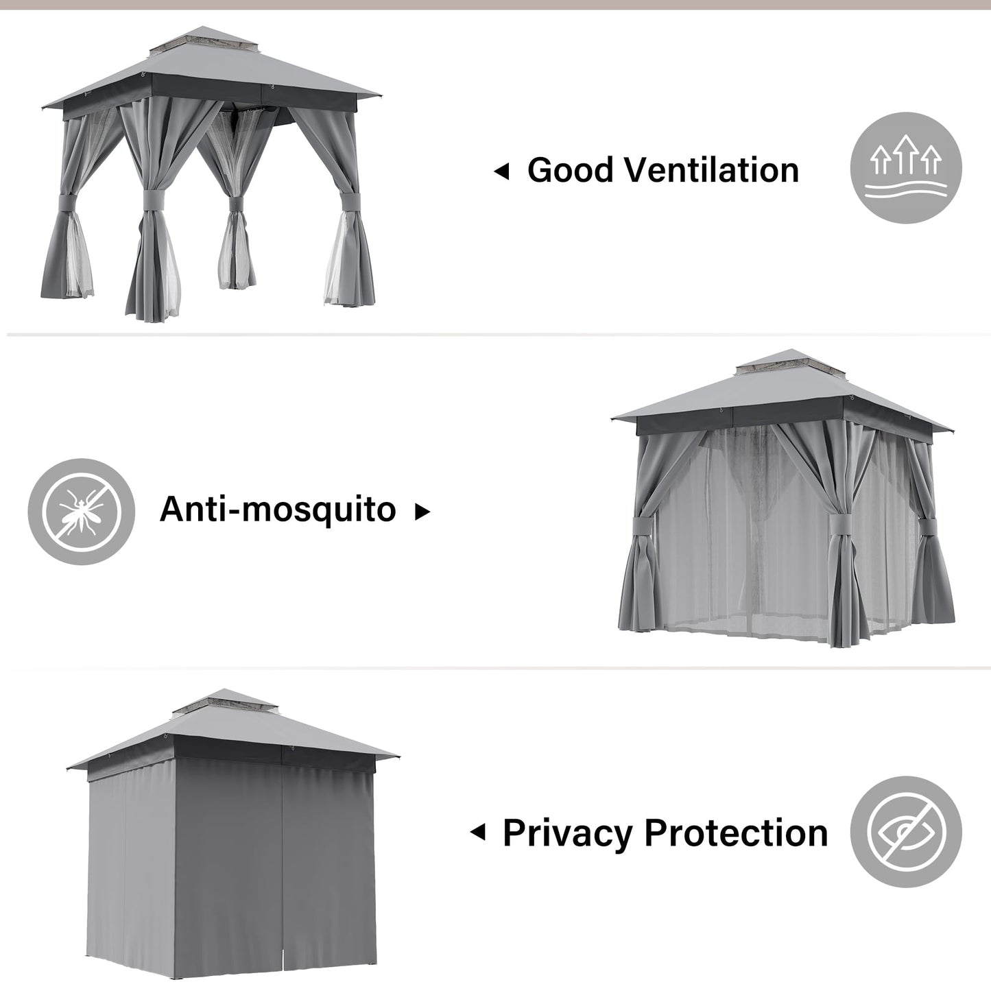 LAUSAINT HOME Patio Gazebo 8'x8', Outdoor Heavy Duty Party Tent Shelter with Double Roofs, Mosquito Nettings and Privacy Screens for Backyard, Garden, Lawn, Gray