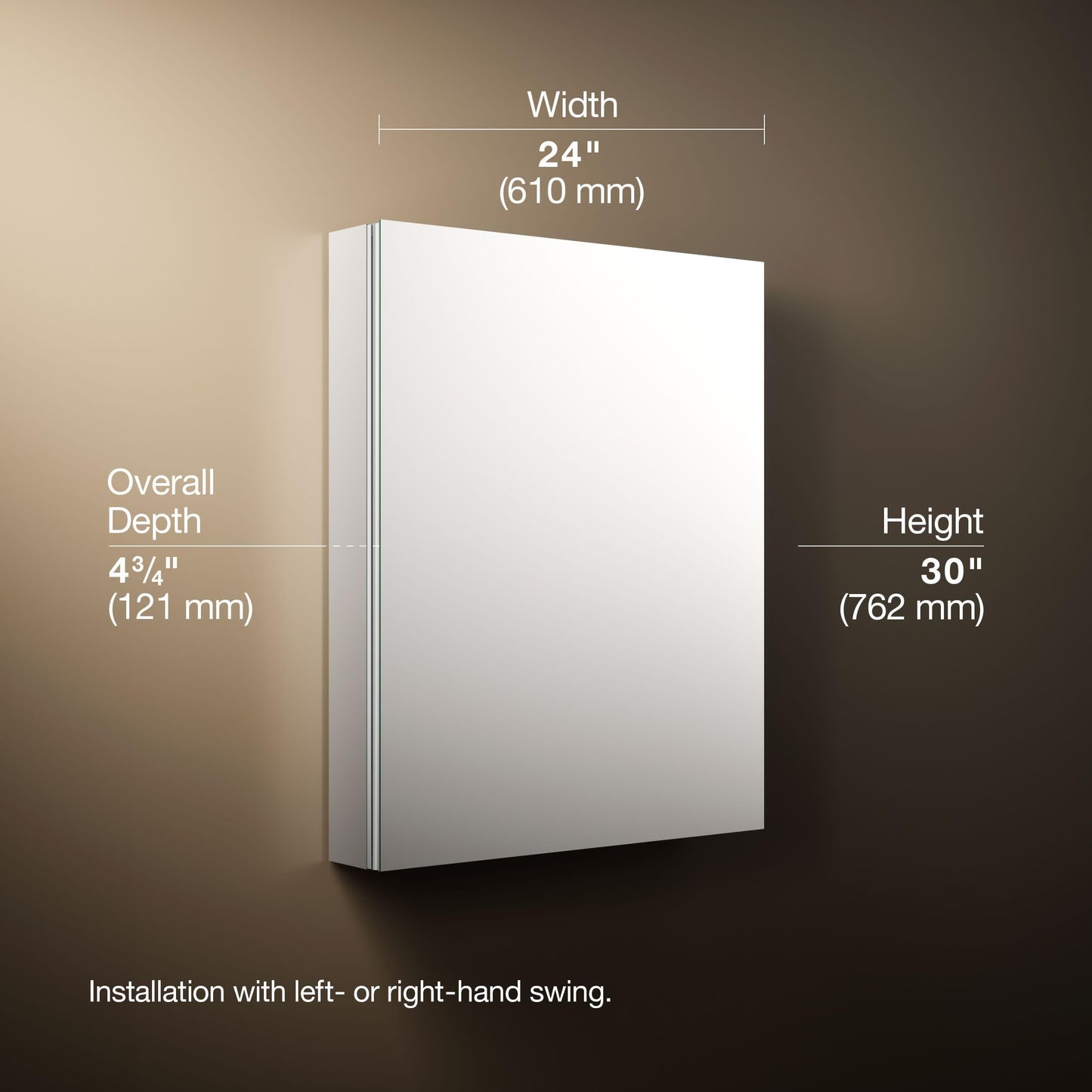Kohler 99006-NA Verdera® Bathroom Medicine Cabinet with Mirror, Surface or Recessed Bathroom Wall Cabinet, 24 in. W x 30 in. H