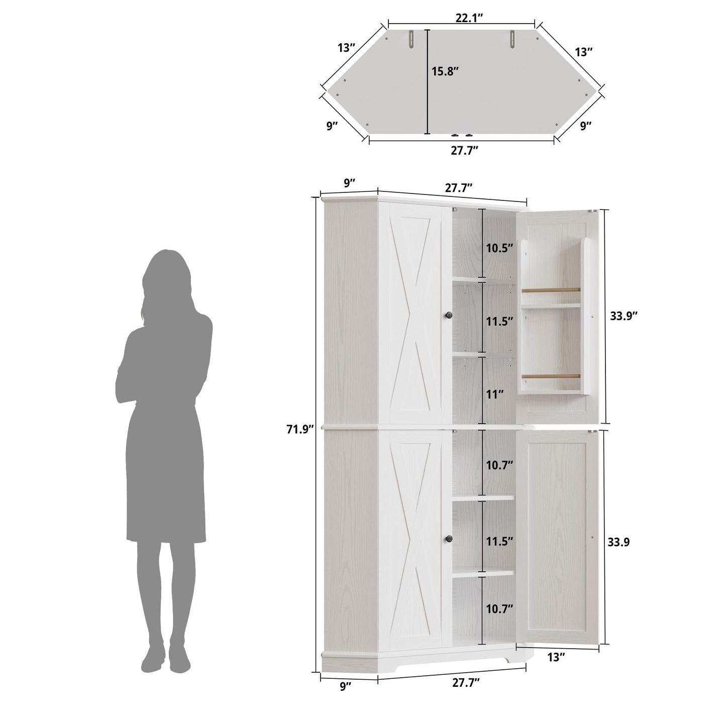 IRONCK Corner Cabinet, 72" H Kitchen Pantry Storage Cabinet, 4 Barn Doors with Storage Rack, 4 Adjustable Shelves, 6-Tier Tall Food Pantry Cabinet, Farmhouse Hutch for Kitchen Dining Room, White