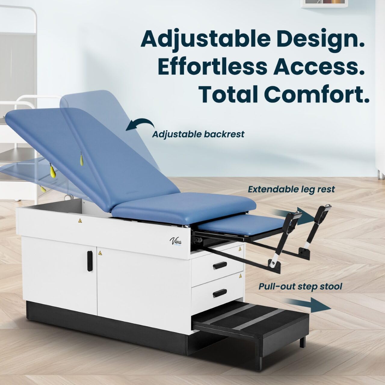 Vivacomfort Slim Line Medical Exam Table with Stirrups, Blue