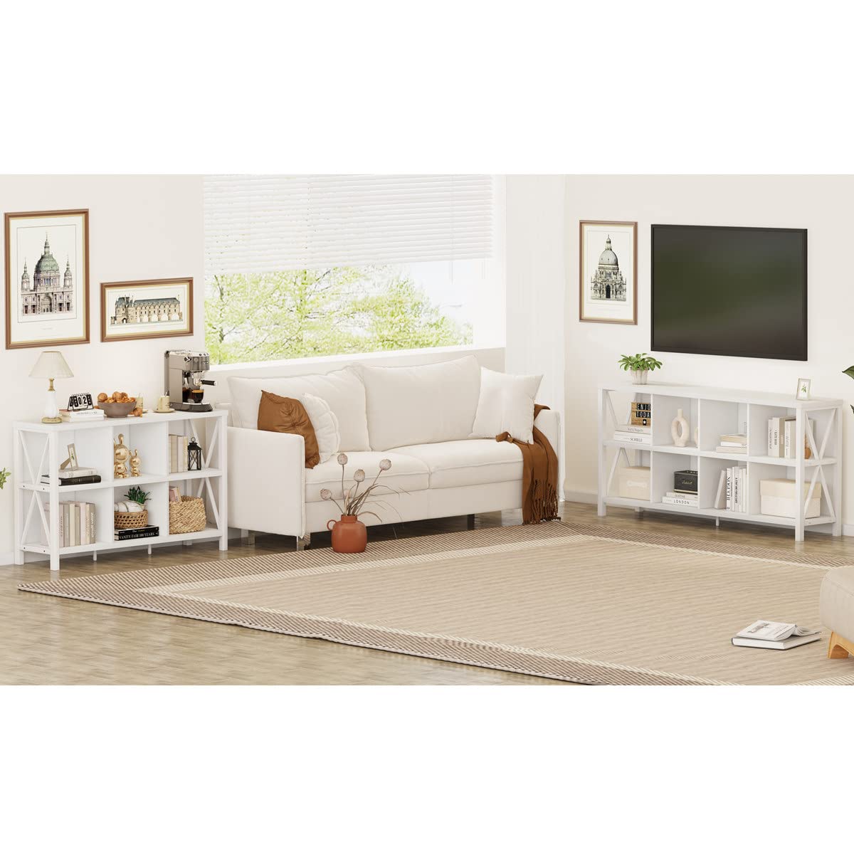 FATORRI 8 Cube Storage Organizer Bookshelf, 62 Inch Rustic Wood Horizontal Bookcase, Industrial Cube Long Book Shelf for Living Room (White Oak)
