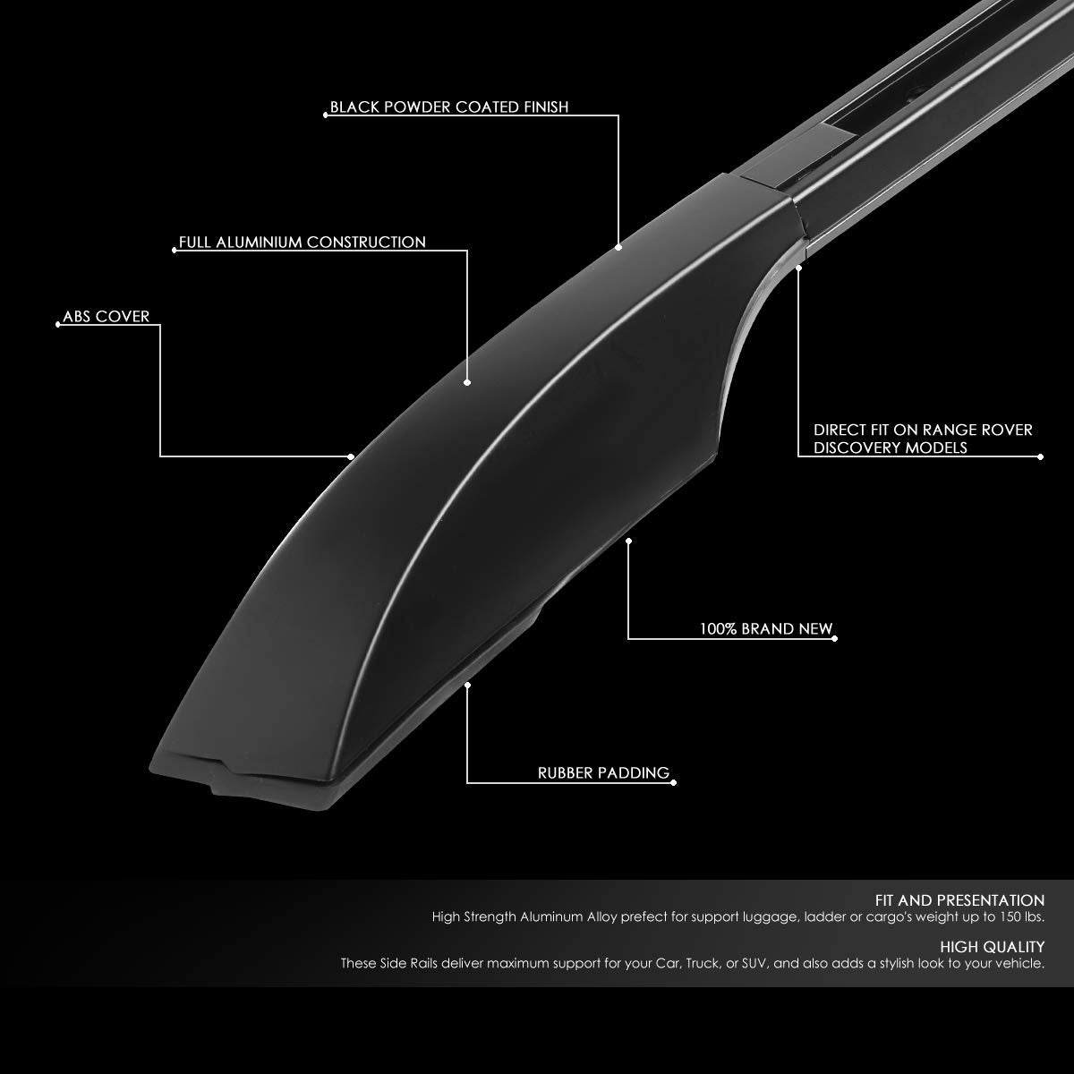 DNA Motoring ROOFR-W-010 Pair Aluminum Roof Rack Side Rail Bars Compatible with 10-16 Land Rover LR4 / 05-09 LR3,Black