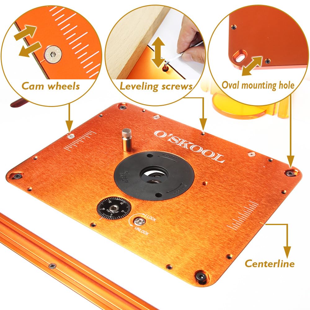 O'SKOOL Router Lift Systems for 3-1/2" Diameter Motors, 9-1/4'' x 11-3/4'' Plate 5-Piece Insert Ring Kit, RTS05
