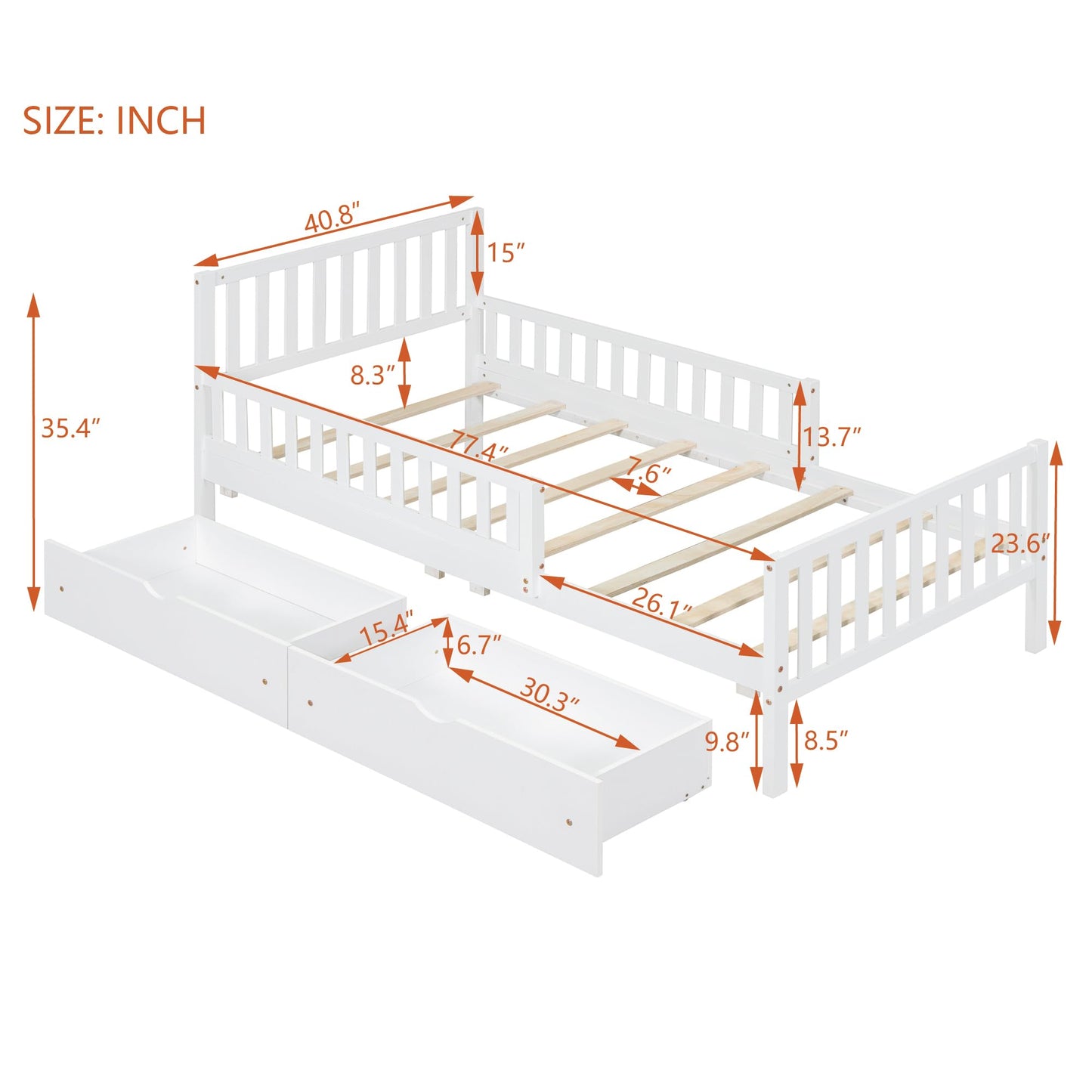 Merax Twin Size Platform Bed with 2 Storage Drawers and Both Sides Guardrails, Wood Bed Frame for Bedroom, Guest Room, No Box Spring Needed, White