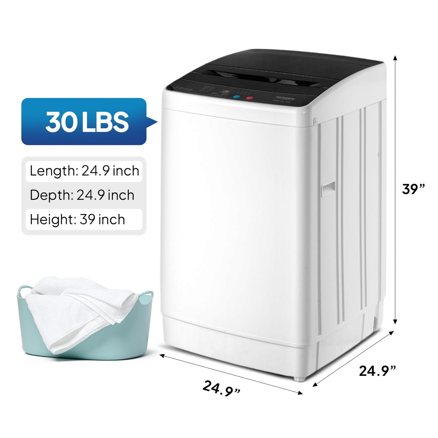 ROVSUN 30LBS Washing Machine, Full-Automatic Portable Washer with Stainless Steel Drum, Electric Laundry Machine, Washer and Spin Dryer Combo with Drain Pump for Home, Apartment