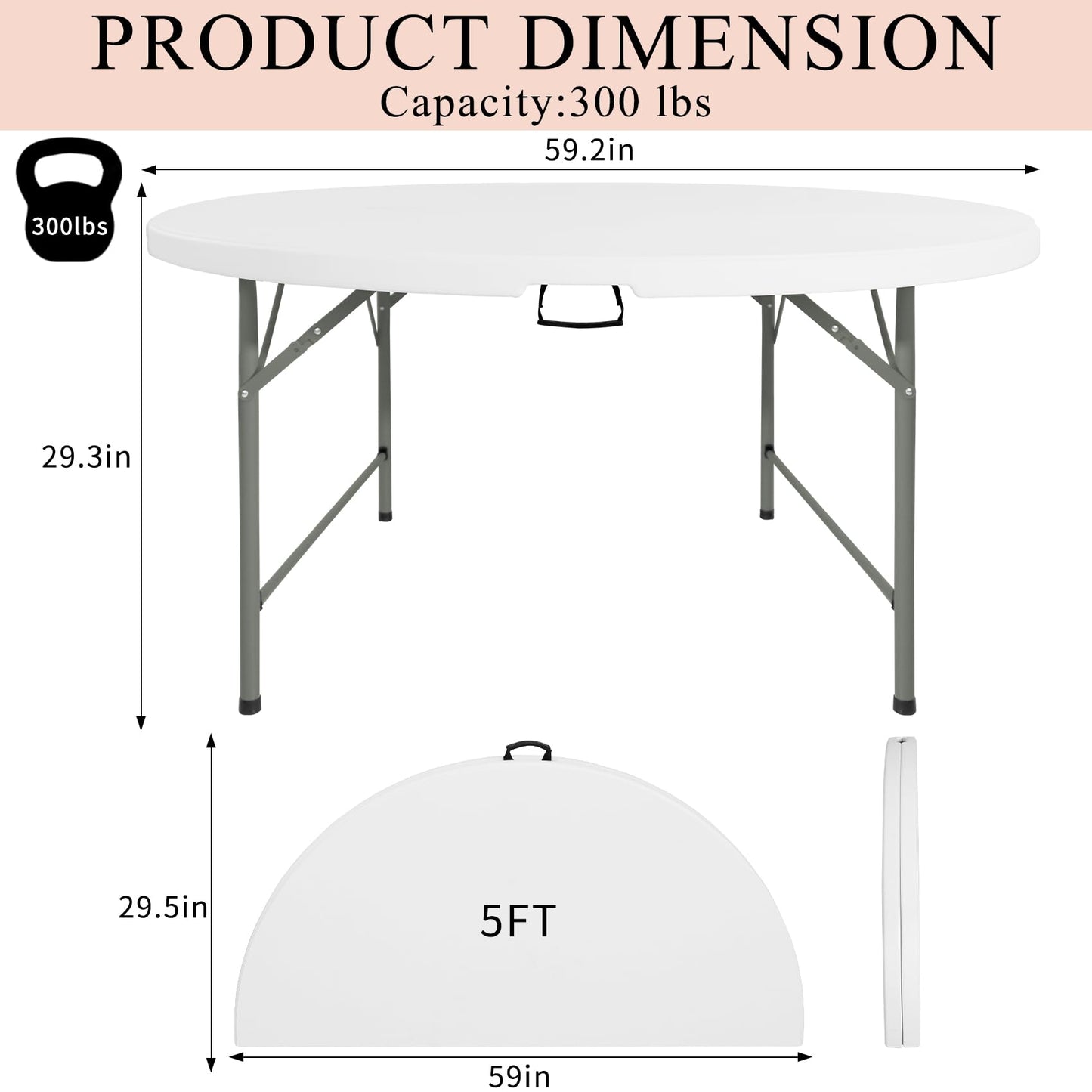JALANCY 5 FT Round Folding Tables with Carrying Handle 60 inch Heavy Duty Portable Plastic Commercial Table Steel Legs for Party, Dining, Wedding, Events, Picnic Indoor, Outdoor (White,1 Pack)
