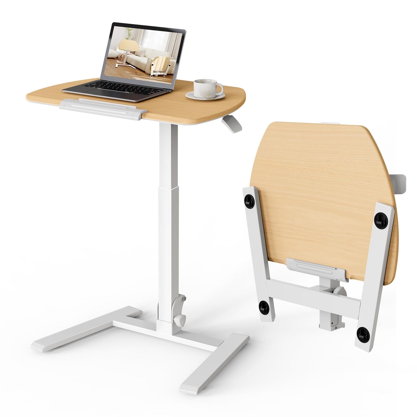 ROMOON Foldable Small Standing Desk with No-Assembly Design, Rolling Height-Adjustable Sit-Stand Table with Wheels, Space-Saving Portable Laptop Cart for Home Office and Small Space (Natural Oak)