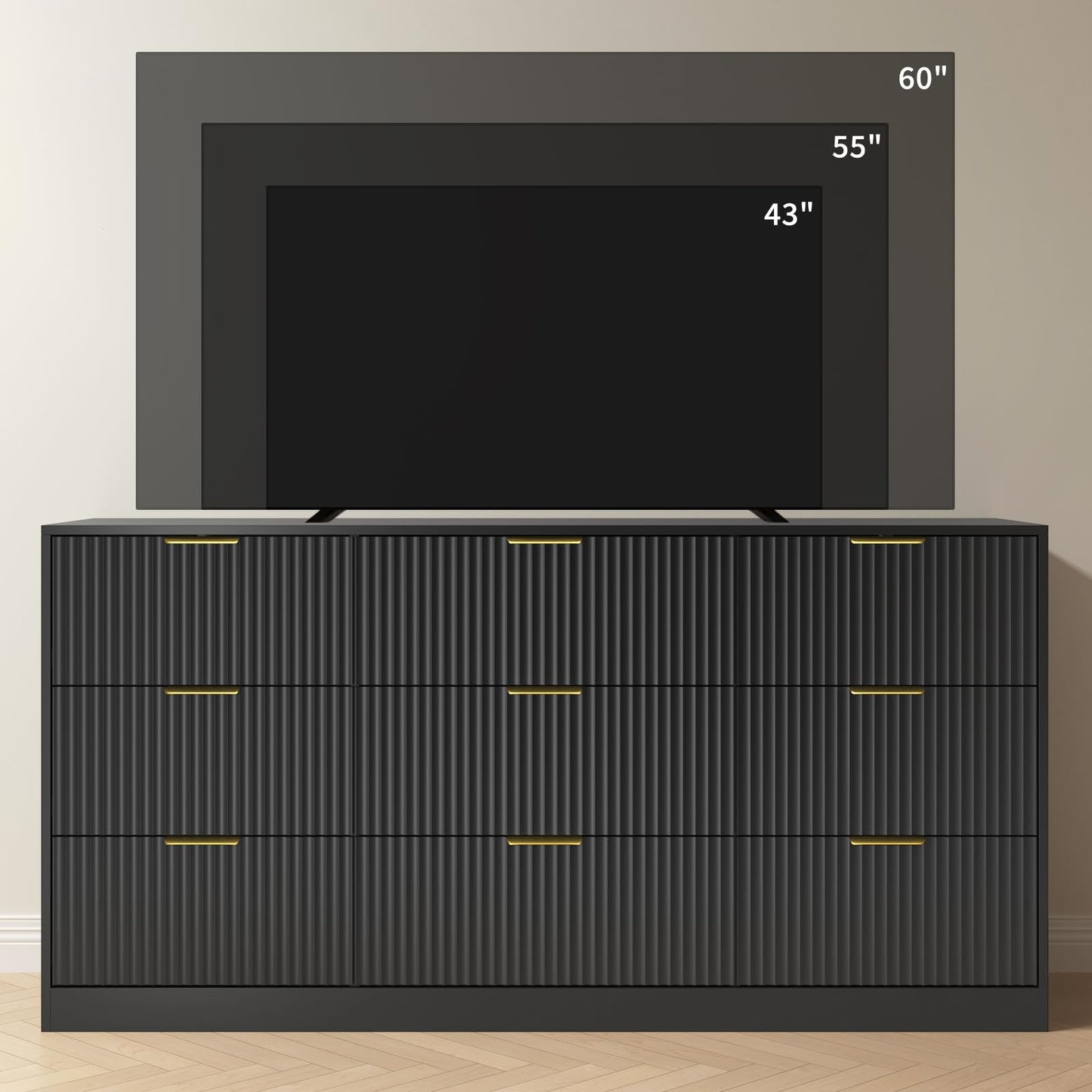 NOVAMAISON Dresser for Bedroom with 9 Drawer, 63” Long Black Dresser Modern Chest of Drawers with Metal Handle, Wood TV Stand Storage Organizer for Bedroom, Living Room, Black
