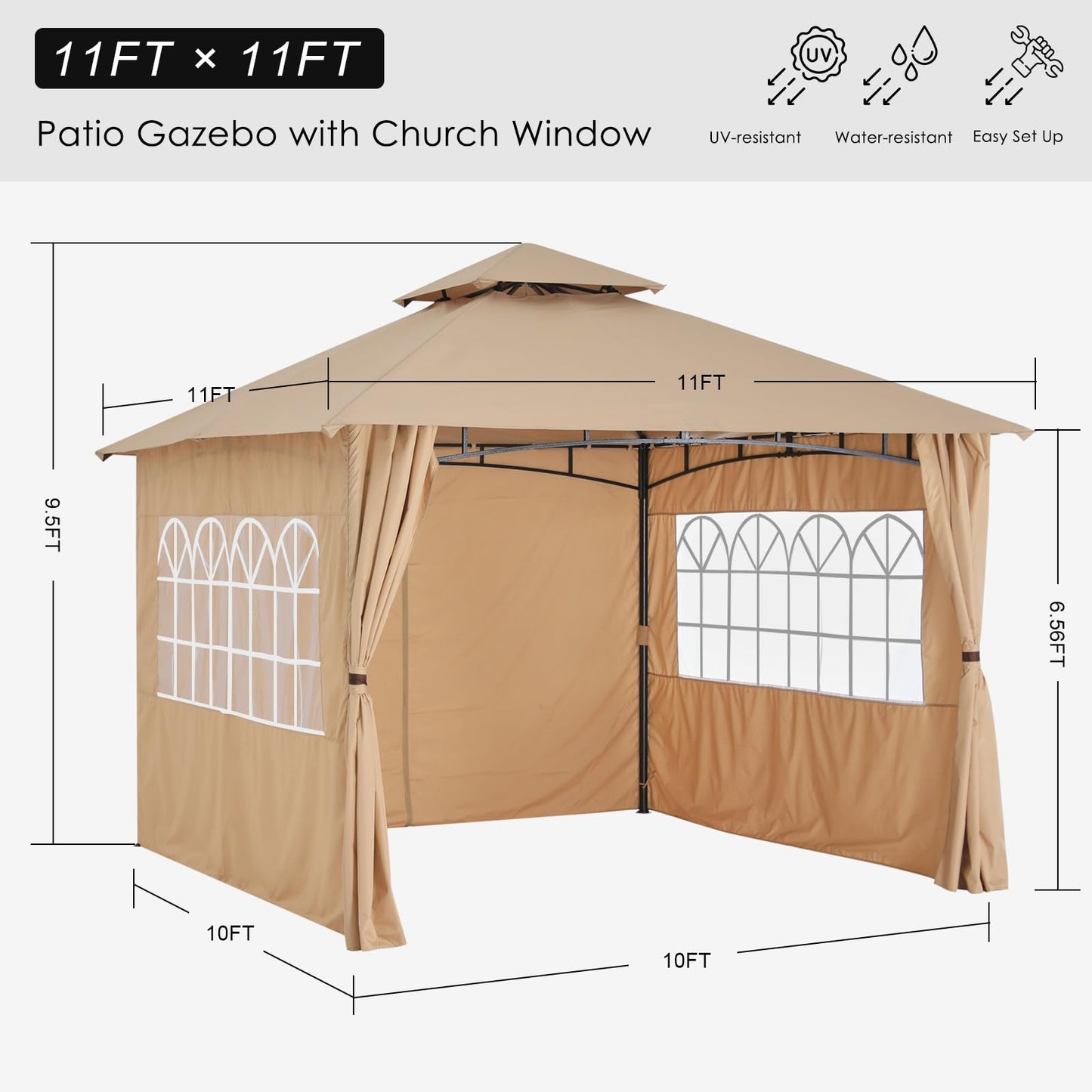 MASTERCANOPY Patio Gazebo Steel Frame Outdoor Gazebo with Windows Curtains (11x11,Beige)