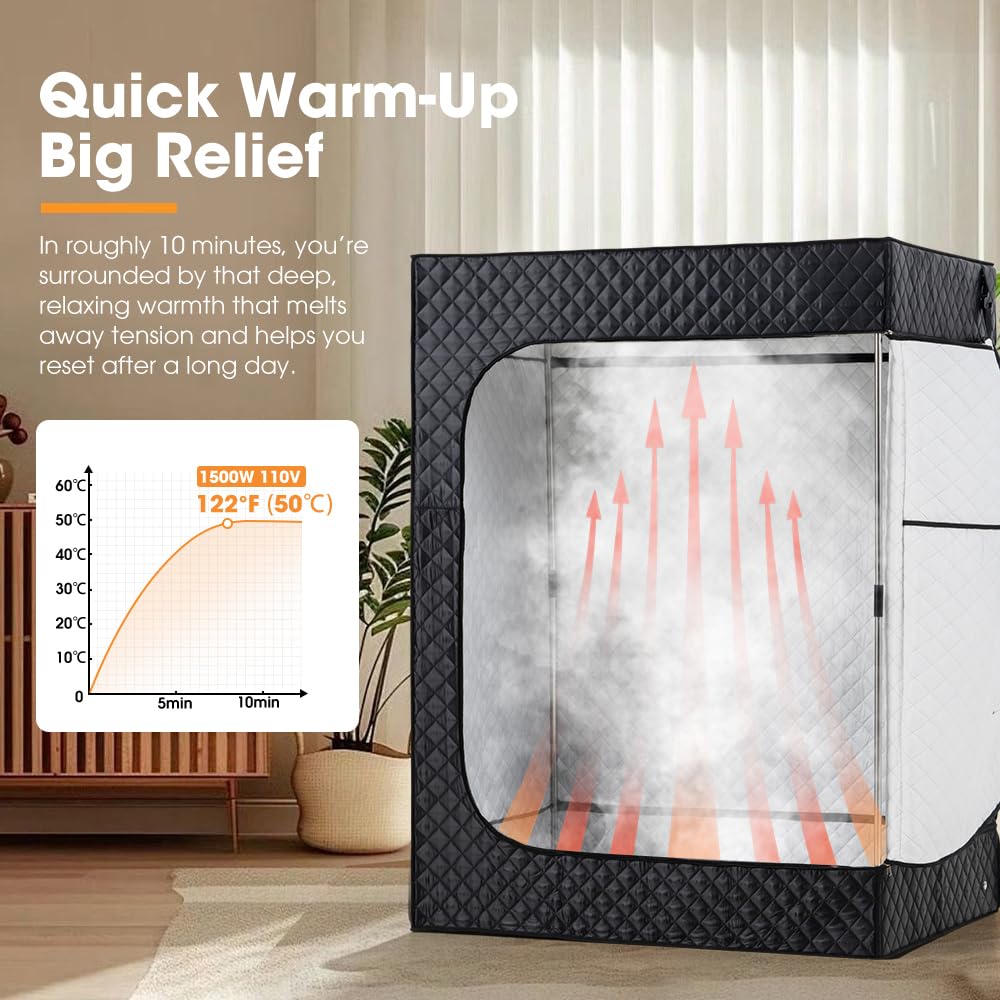 SAN HIMA 2 Person Portable Sauna for Home, Steam Sauna Box with Red Light Therapy, 3L 1500W Steamer, 9 Heat Levels, 90 Minute Timer, Foldable Chair, Remote Control, Indoor Home Spa Sauna Tent