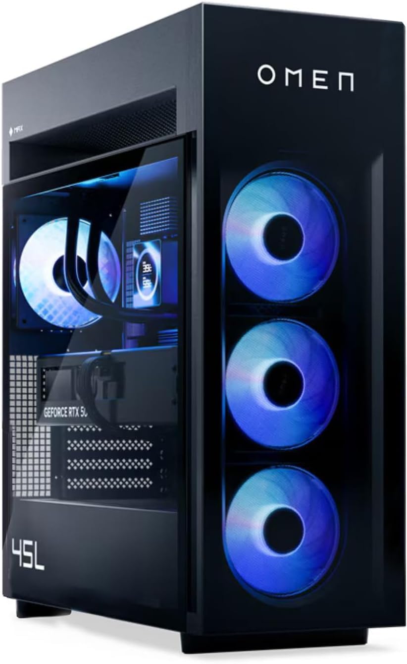 HP Omen MAX 45L 5090 Gaming Desktop, AMD Ryzen 9 9900X3D 5.5GHz, Geforce RTX 5090, 64GB DDR5 RAM, 4TB SSD, Liquid Cooler, RGB Light Studio, 3X DP, Support 3-Monitor 4K, Windows 11 Pro, Black