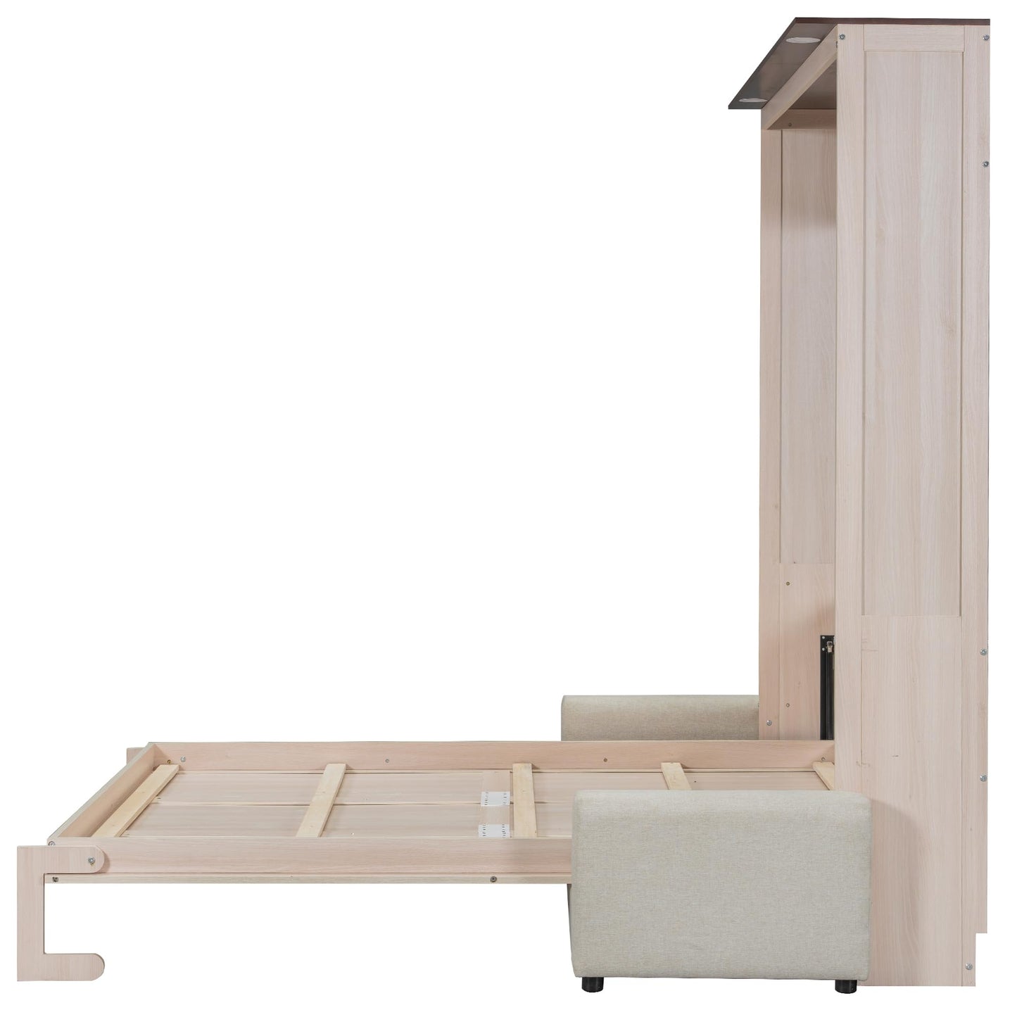 Queen Murphy Bed with Couch and LED Lighting,Solid Wood Folding Murphy Wall Bed Cabinet with Sofa