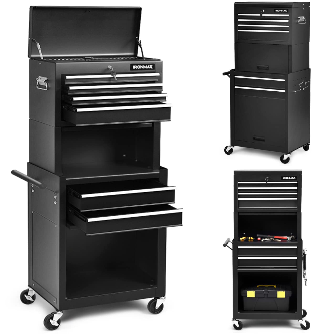 ERGOMASTER Rolling Tool Chest - Removable Top Box Large Bottom Cabinet with Casters and Lock System Tool-Box - Heighten 6-Drawer Black