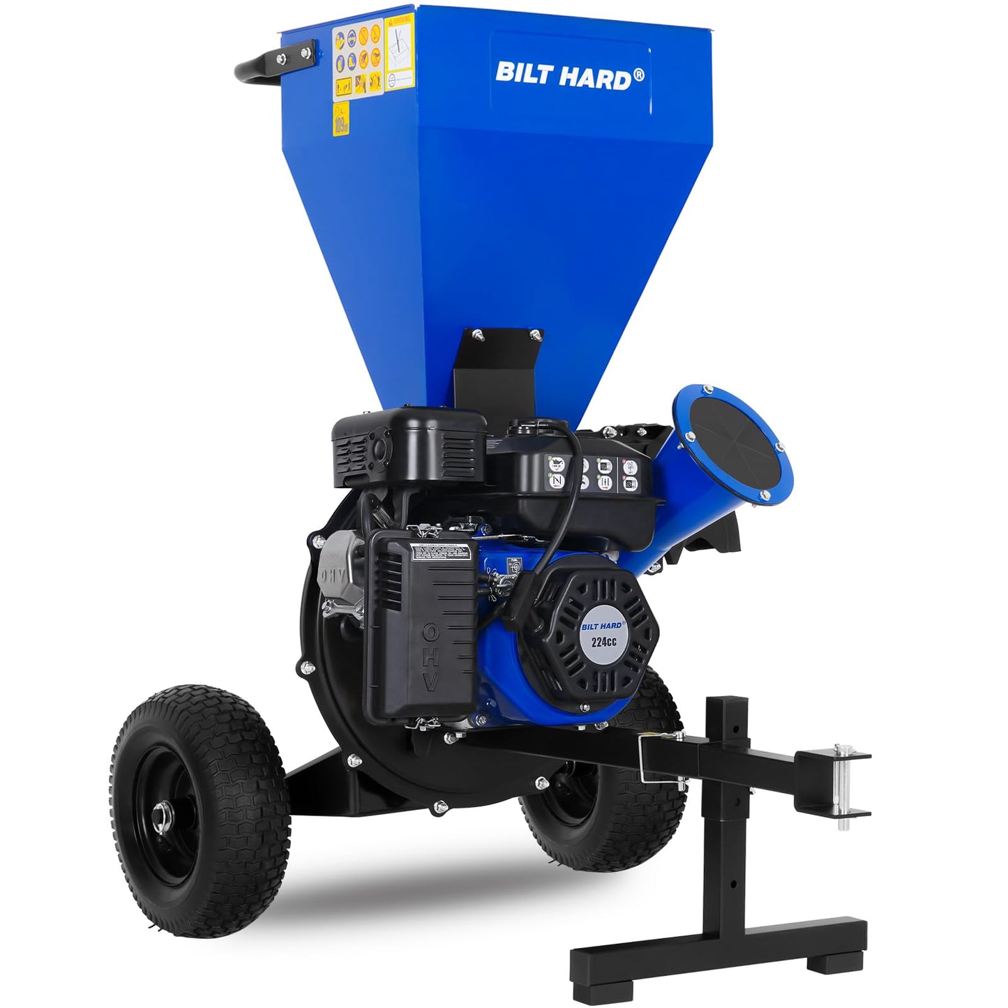 BILT HARD Wood Chipper with Tow Hitch - 7.5 HP 224cc Gas Powered Shredder Towable, 3 in 1 Multi-Function Heavy Duty, 3" Max Wood Diameter Capacity with Collection Bag