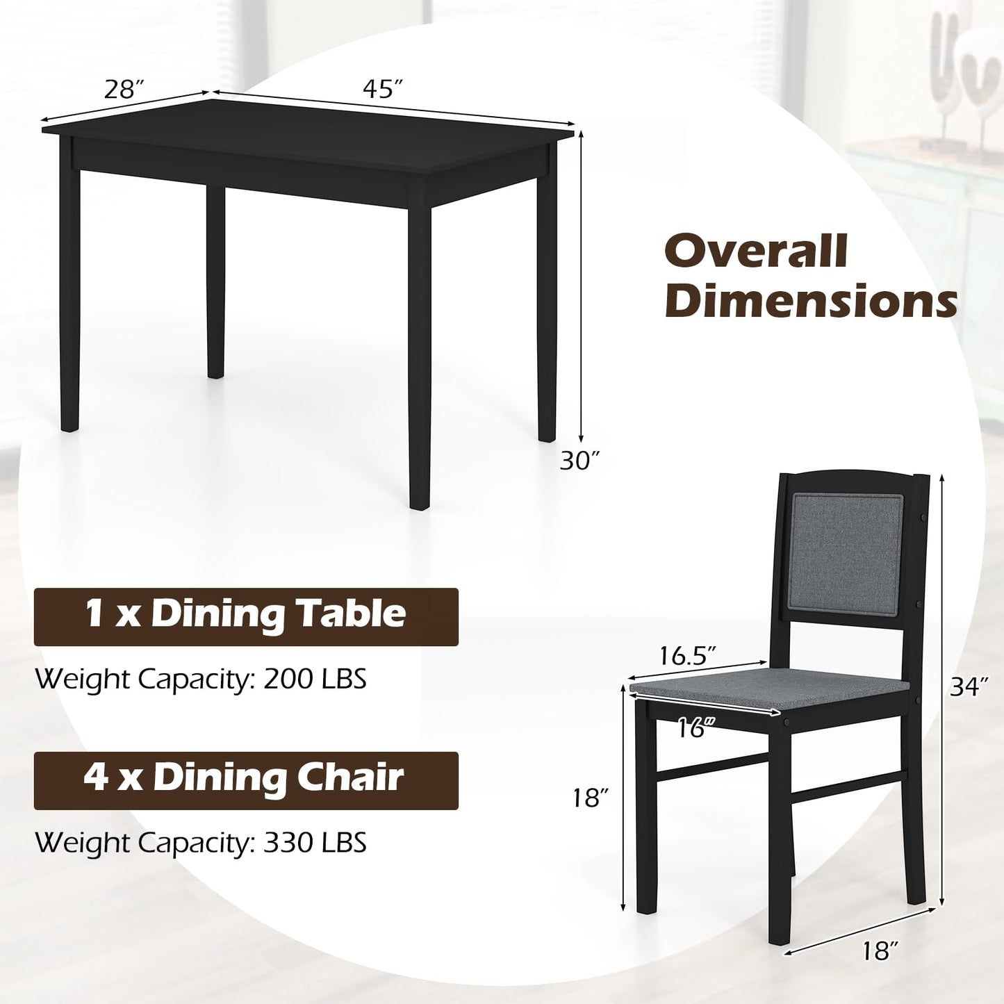 Tangkula Dining Table Set for 4, Farmhouse Solid Wood Dinette Set w/Rubber Wood Legs, Upholstered Seat & Padded Backrest, Mid-Century Modern Dining Table and Chairs Set for Kitchen, Dining Room