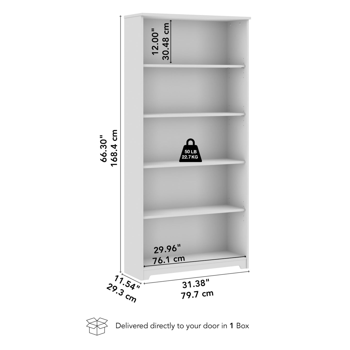 Bush Home Tall 5 Shelf Bookcase, Large Open Bookshelf, Sturdy Display Cabinet for Living Room or Home Office, Cabot Collection, White