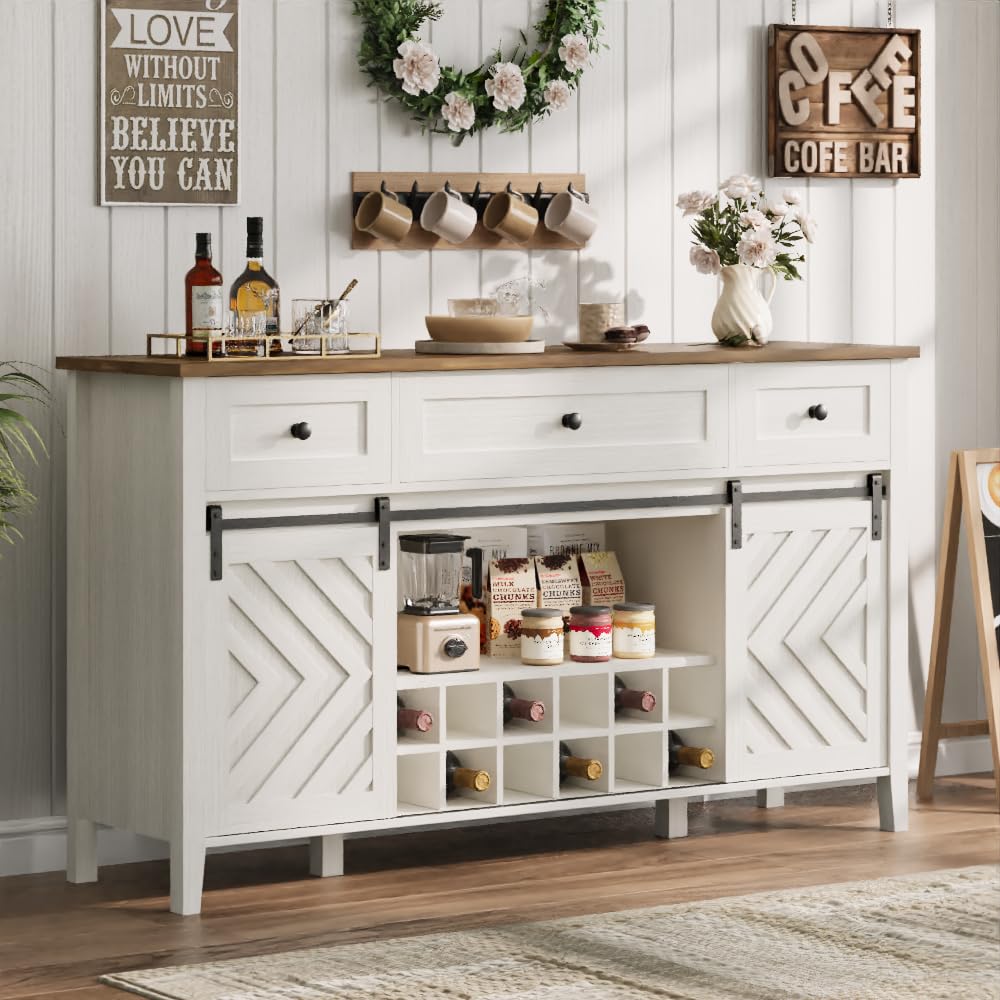 Garvee Farmhouse 59' Bar Cabinet with Adjustable Shelf and Sliding Barn Door, Buffet Cabinet with Removable Rack and 3 Drawer for Dining Room, Kitchen, Living Room