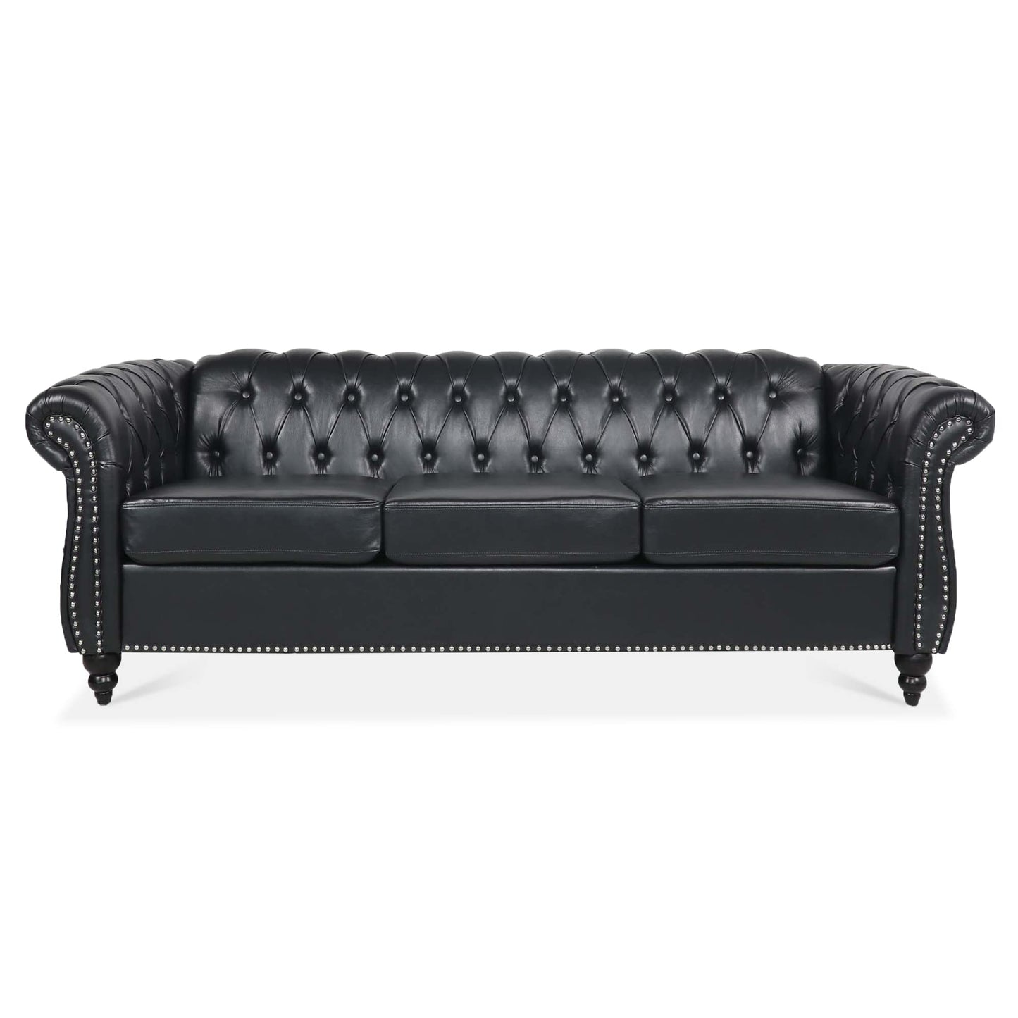 Ball & Cast 84" Chesterfield Leather Sofa with Channel Tufted Seat Back,Classic 3 Seater Couch w/Roll Arm Nailhead Trim and Upholstered,Mid Century Furniture for Living Room,Bedroom,Office,Black PU