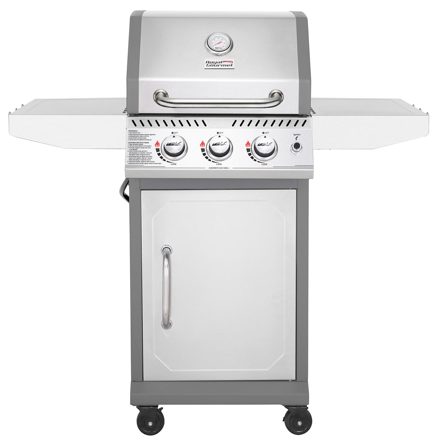 Royal Gourmet GG3001S 3 Burner Propane Gas Grill with Warming Rack, Stainless Steel Cabinet Style Gas Grill with 25,500 BTUs Output for Barbecue Grilling & Backyard Cooking, Silver