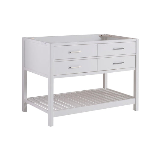 Harrison 48 in. W Vanity Cabinet Only, Bathroom Storage with Two Soft Close Drawers and Slatted Shelf, Nickel Hardware, Adjustable Height Levelers, Solid Pine Wood Construction, White
