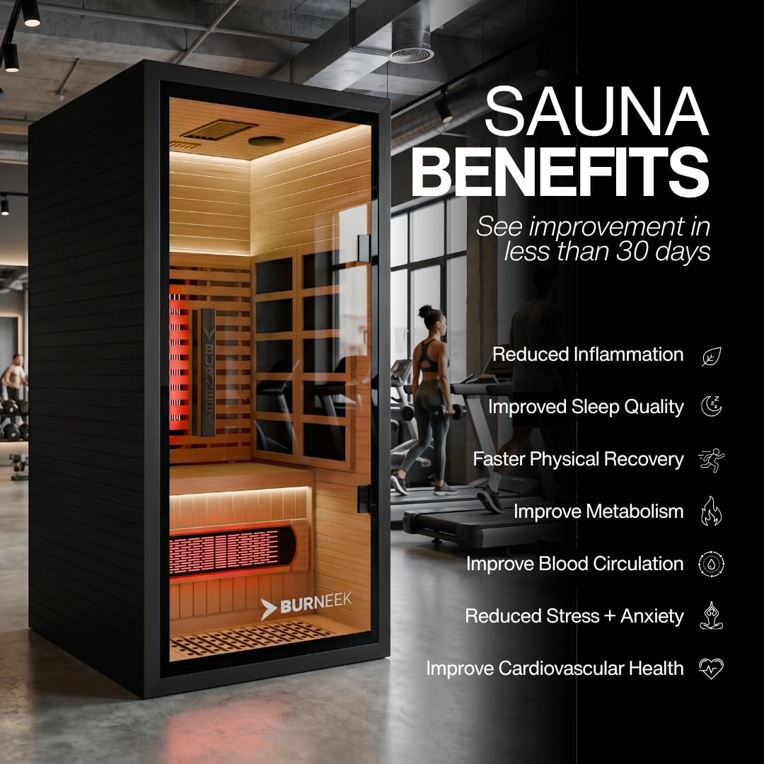 Burneek Infrared Sauna - Sauna Box for Home Sauna with Quartz Heaters, Low EMF, Chromotherapy, Bluetooth Speakers - Red Light Sauna for Relaxation & Wellness, Infrared Sauna with Red Light Therapy