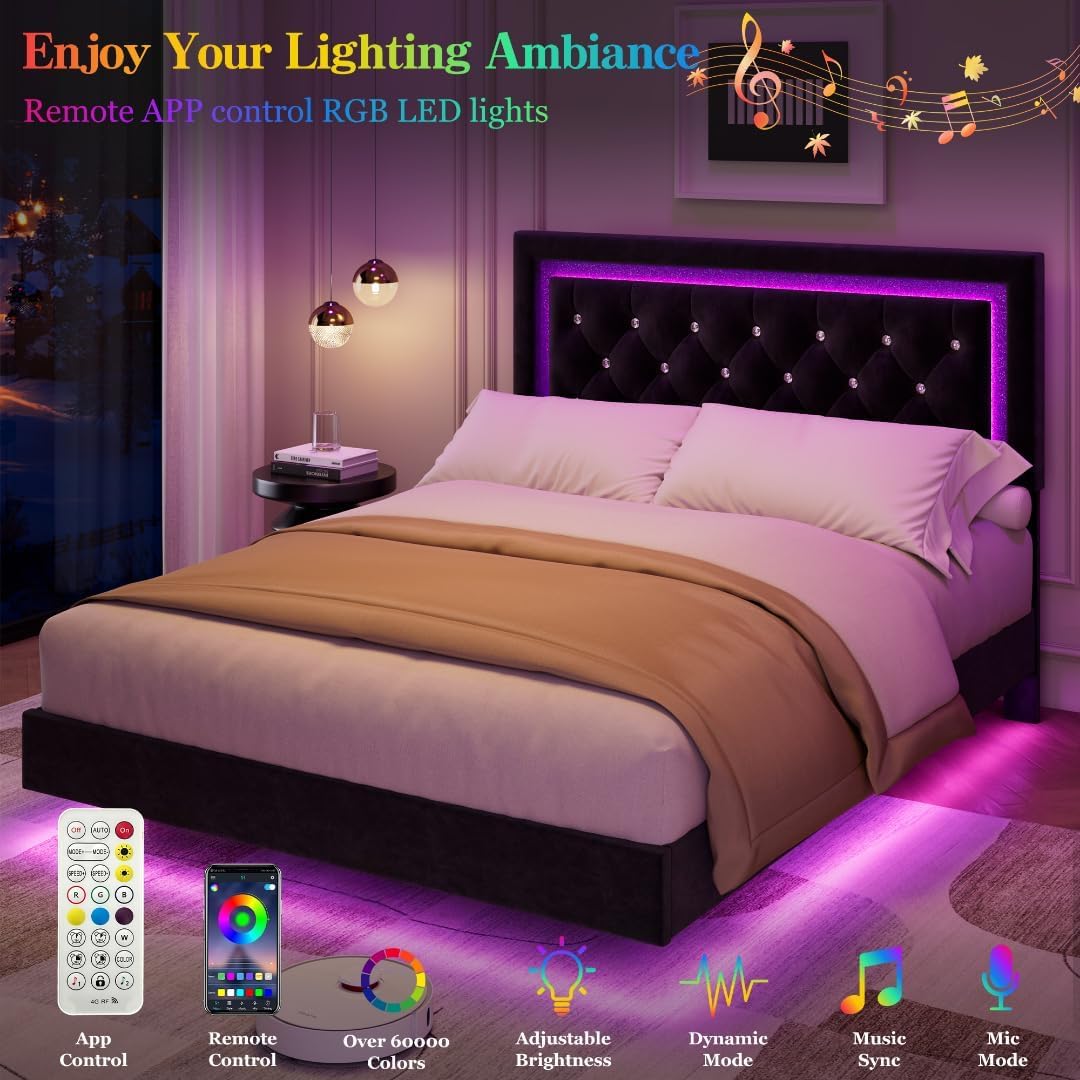 Floating Queen Platform Bed Frame with Smart LED Lights – Modern Diamond Upholstered Headboard, Noise-Free Wood Slats, Under-Bed Storage, Easy Assembly, Contemporary Bedroom Furniture，Queen Black