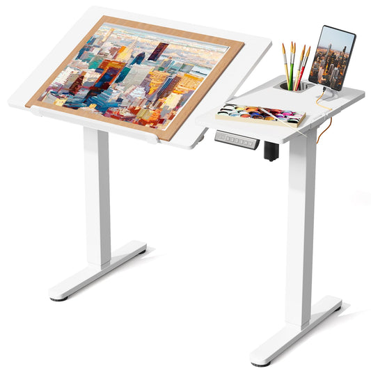 JOY worker Electric Drafting Table, 40×20" Height Adjustable Standing Art Desk, Drawing Workstation with 0‑90° Tiltable Surface, Cup Holder & Cable Management for Artist Craft Home Studio, White