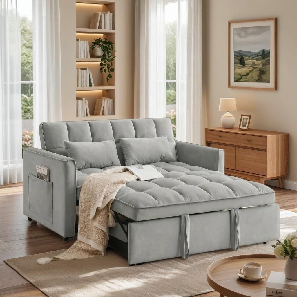 Trygoal 3 in 1 Convertible Sleeper Sofa Bed, Velvet Fabric Loveseat Sofa Bed with Adjustable Backrest & Large Side Pockets, Pull Out Couch for Small Spaces, Apartment, Living Room, Gray