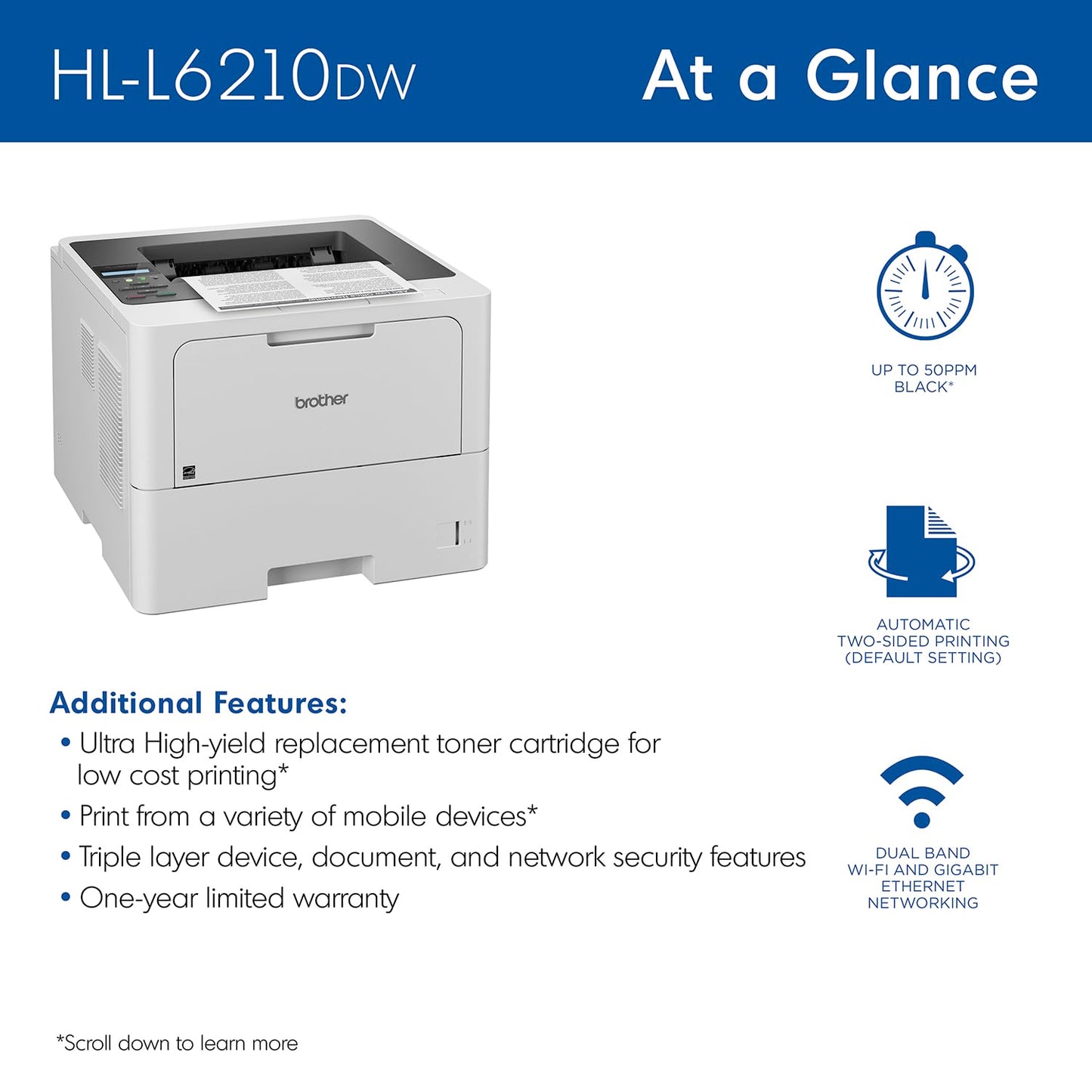 Brother HLL6210DW Business Monochrome Laser Printer with Large Paper Capacity, Wireless and Gigabit Ethernet Networking, Advanced Security Features and Mobile Printing (Renewed Premium)