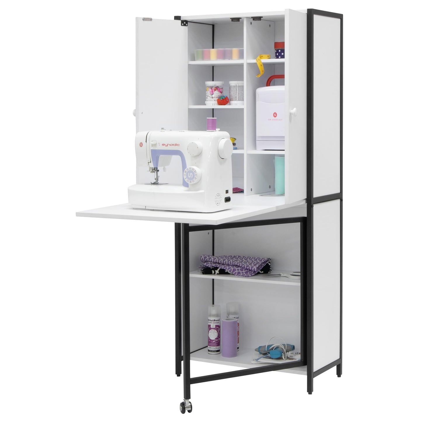 Sew Ready Folding Craft Armoire Cabinet, 59" Tall Multipurpose Workstation with Drop-Leaf Table and Powder-Coated Steel Frame, Charcoal/White